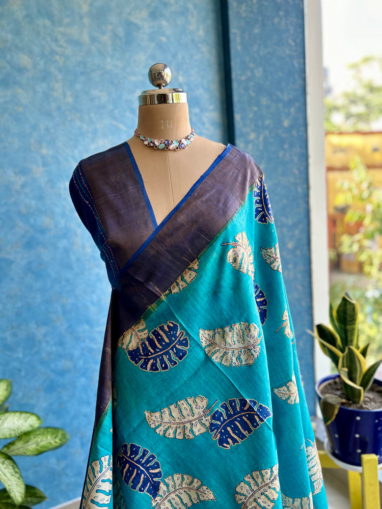 Sky Blue Handpaint with Katha Stitch on Pure Tussar Silk