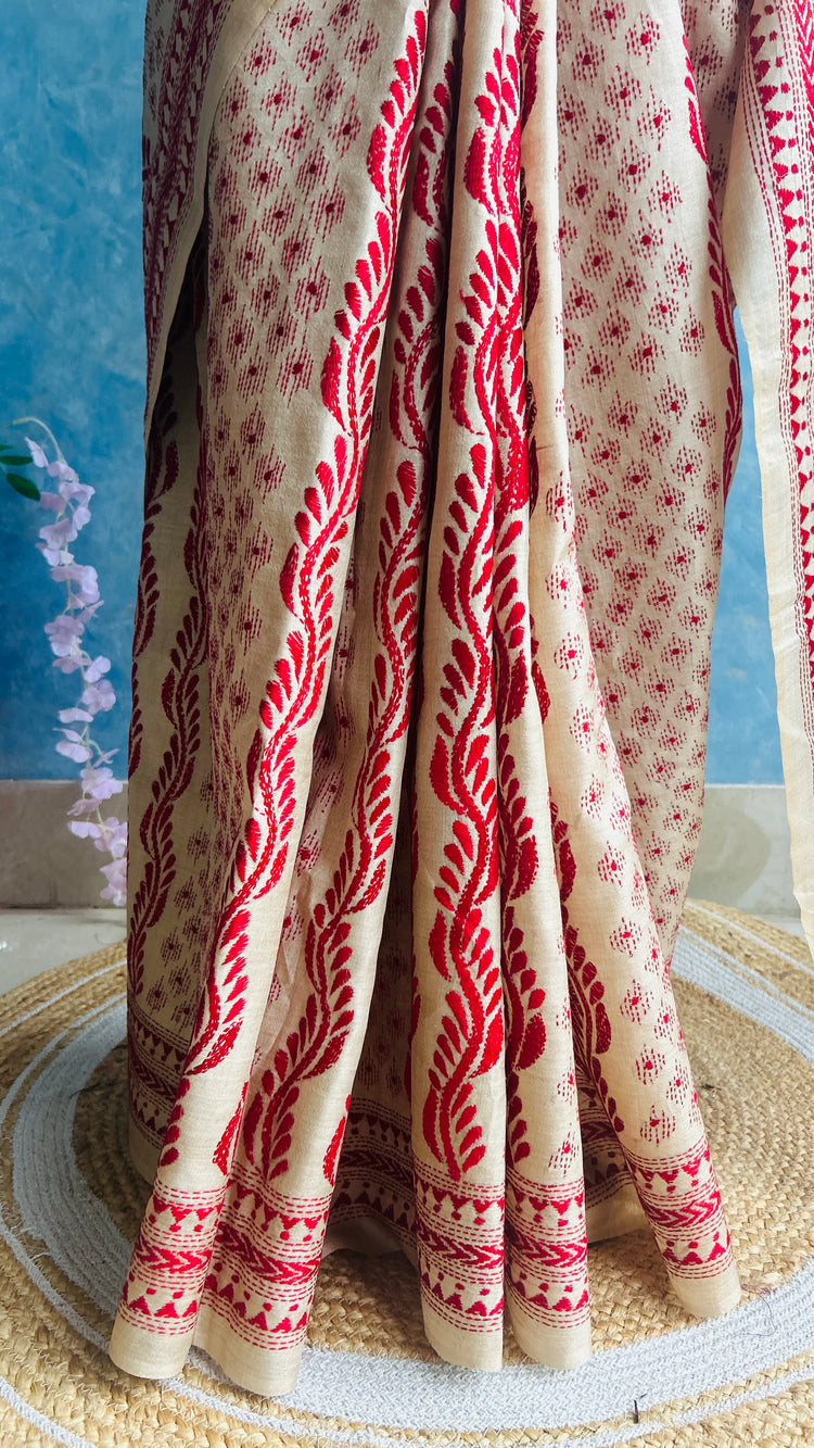 Beige Kantha Embroidery on Gachi Tusser Silk