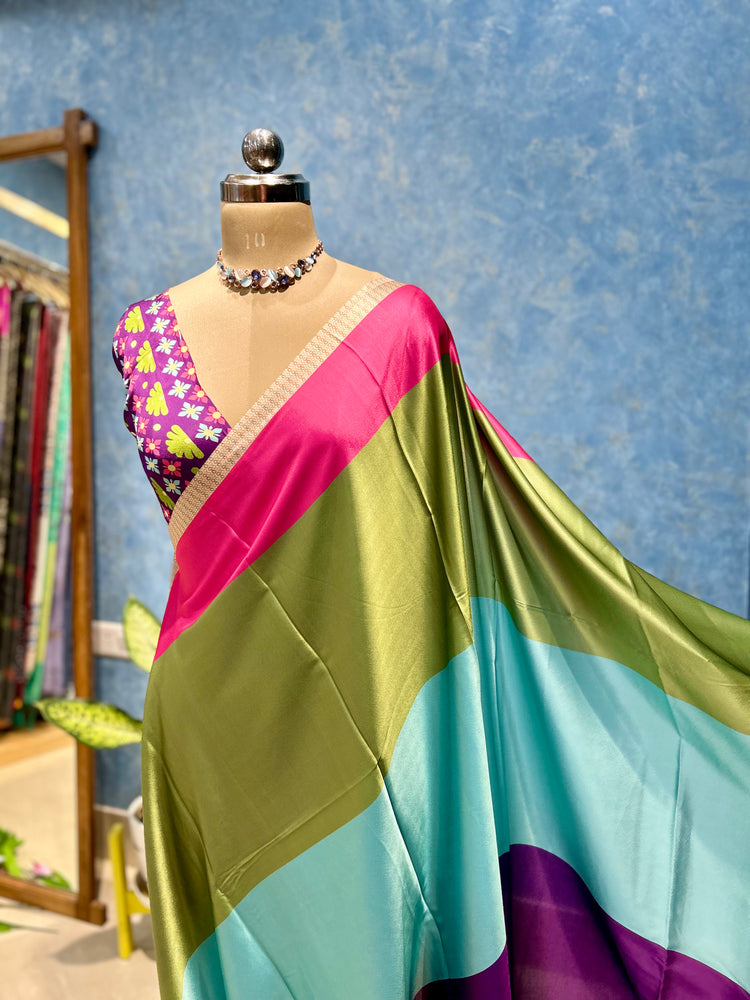 Beautiful MULTICOLOR Satin Sari