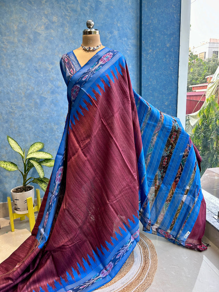 Blue Ikkat Border on Pure Ghicha Silk