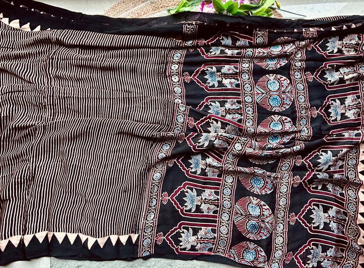 BLACK AJRAK BLOCK PRINTED MODAL SILK SARI