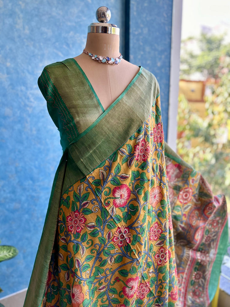 Kalamkari Handpaint with Katha Stitch on Pure Tussar Silk