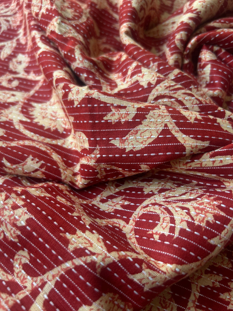 Red Ajrakh Print with kantha stitch on Cotton Fabric