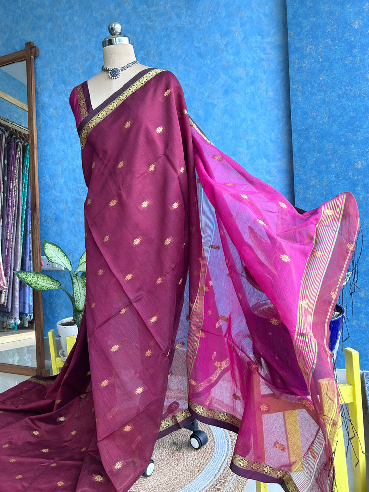 Handwoven Maroon with Magenta Cotton Silk Sari