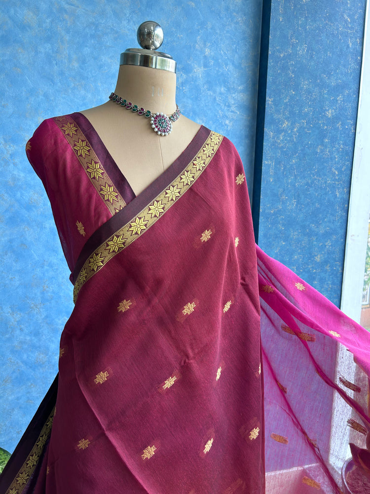 Handwoven Maroon with Magenta Cotton Silk Sari