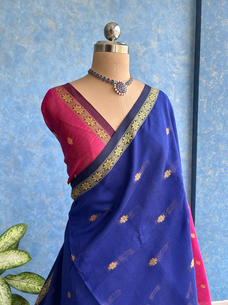 Handwoven Blue with Magenta Cotton Silk Sari