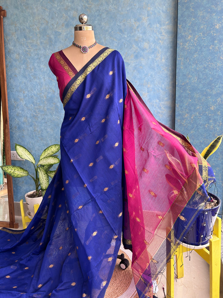 Handwoven Blue with Magenta Cotton Silk Sari