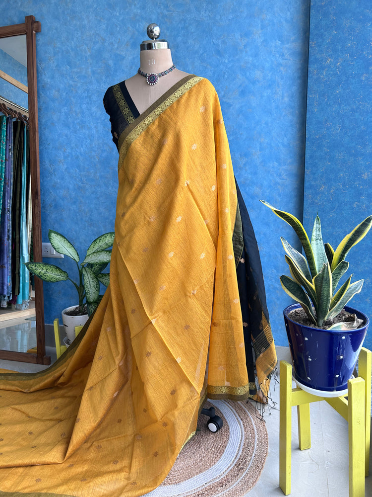 Handwoven Turmeric with Black Cotton Silk Sari