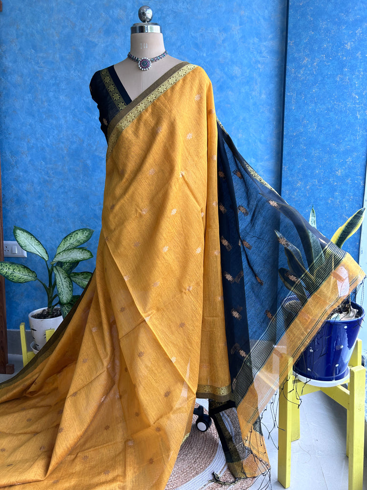 Handwoven Turmeric with Black Cotton Silk Sari