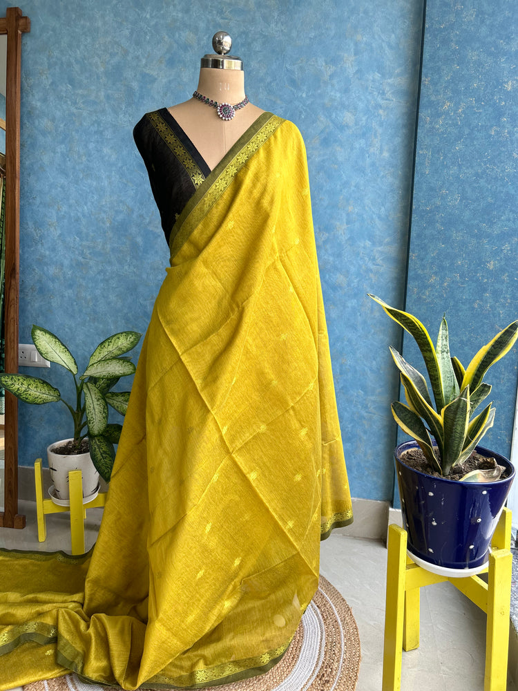 Handwoven Mustard with Black Cotton Silk Saree