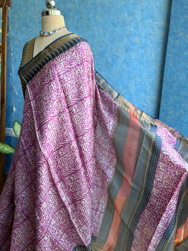 Magenta Hand Block Print on Pure Tussar Silk