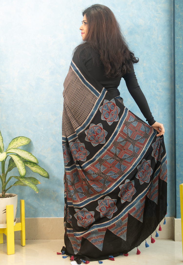 BLACK AJRAK BLOCK PRINTED MODAL SILK SARI