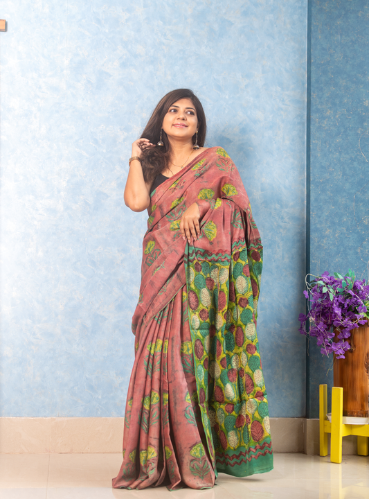 Autumn Leaf Modal Tussar Ajrakh Saree