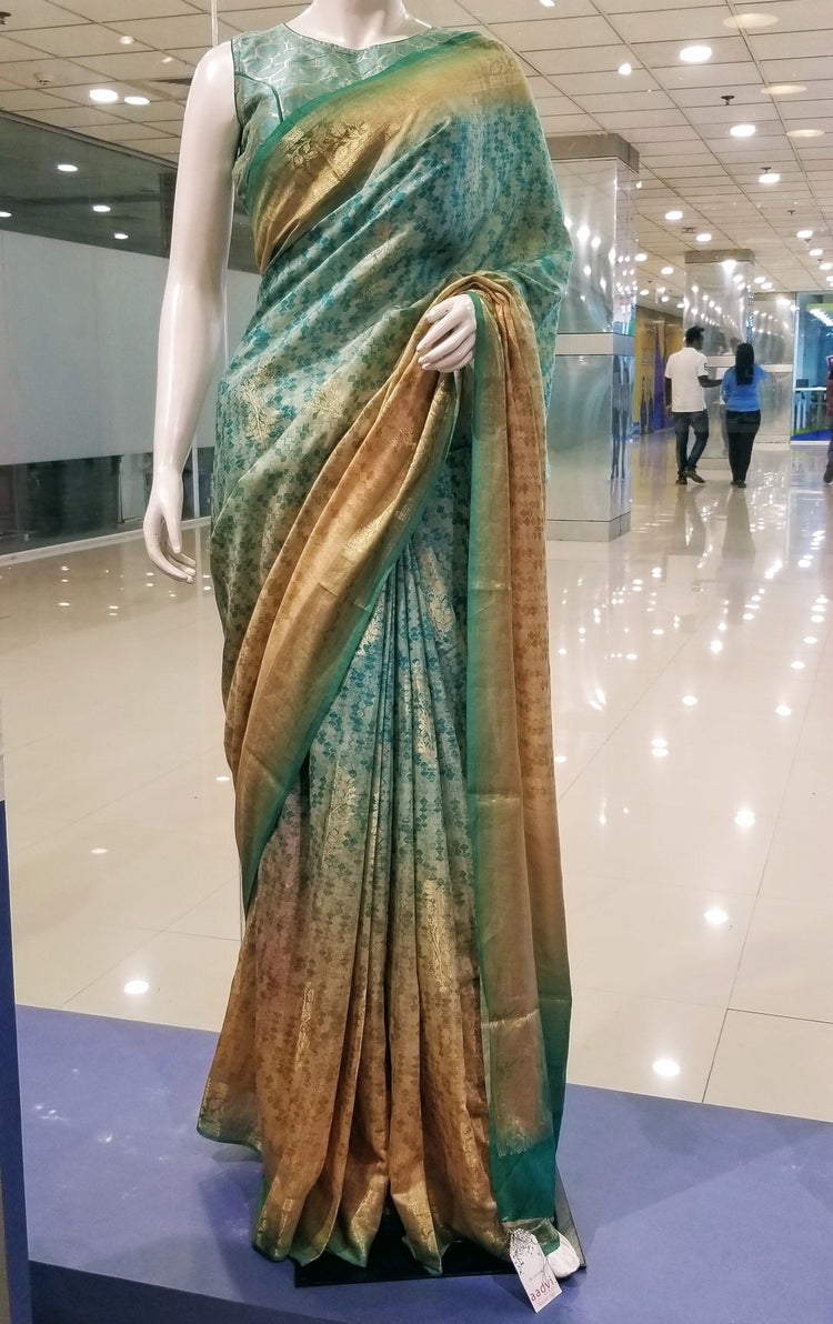 Handwoven Pure Muga Silk  Banarasi Sari with Digital Print in shades of Sea blue on Golden