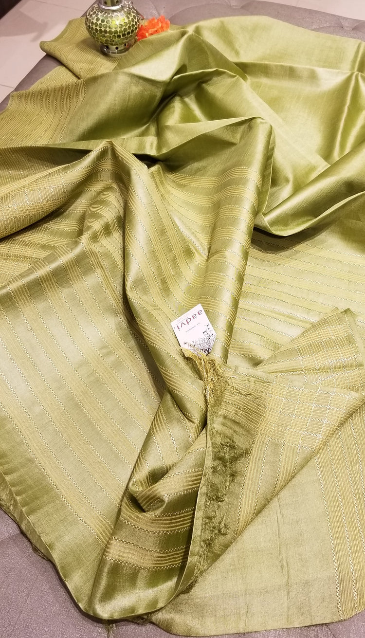 Pastel Green Handwoven Pure Tussar Silk with allover checkered pattern