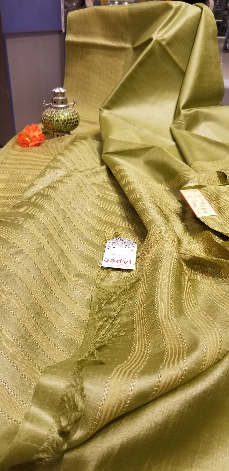 Pastel Green Handwoven Pure Tussar Silk with allover checkered pattern