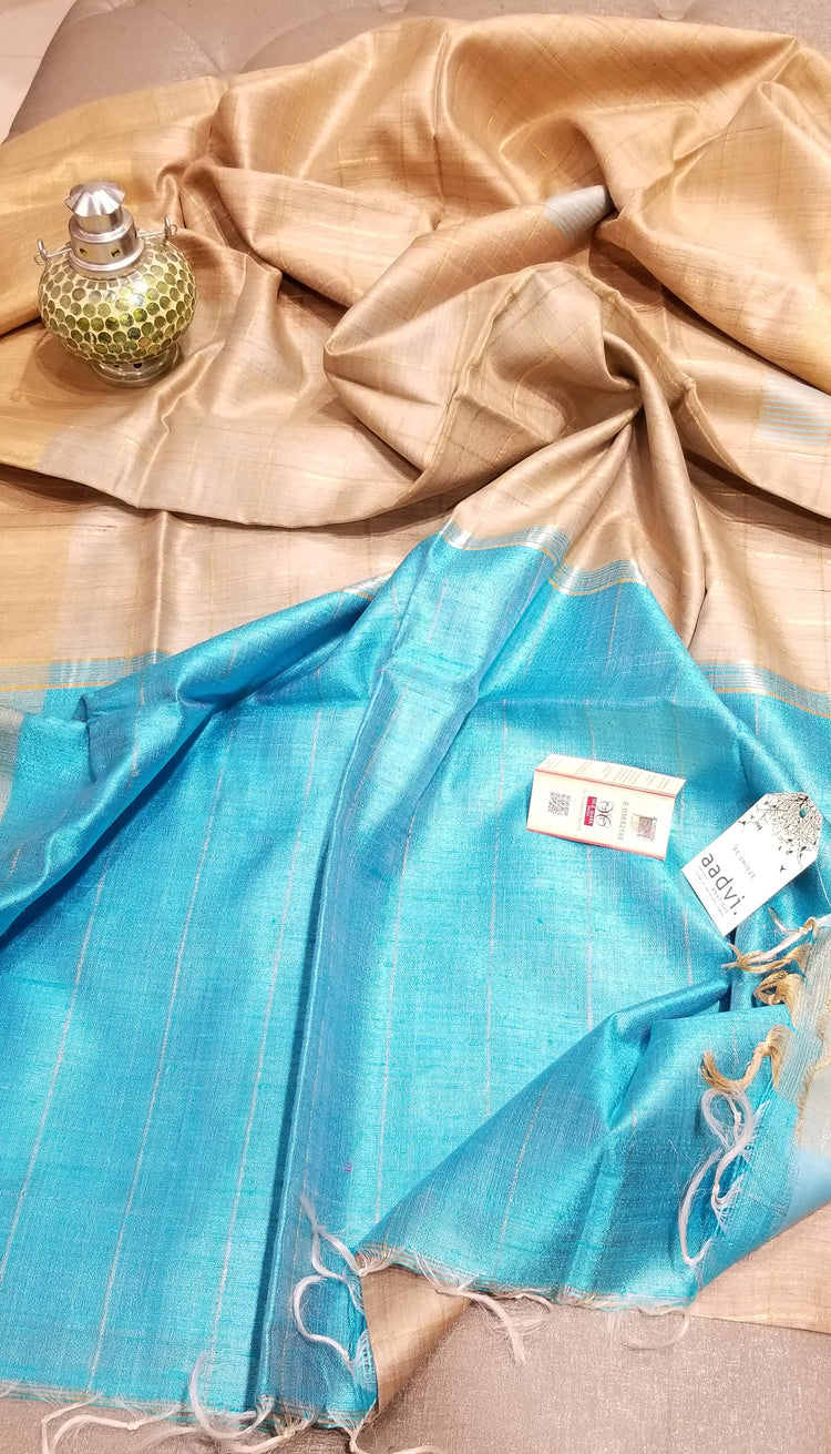 Handwoven Pure Tussar Silk with Base Color and sky blue Pallu