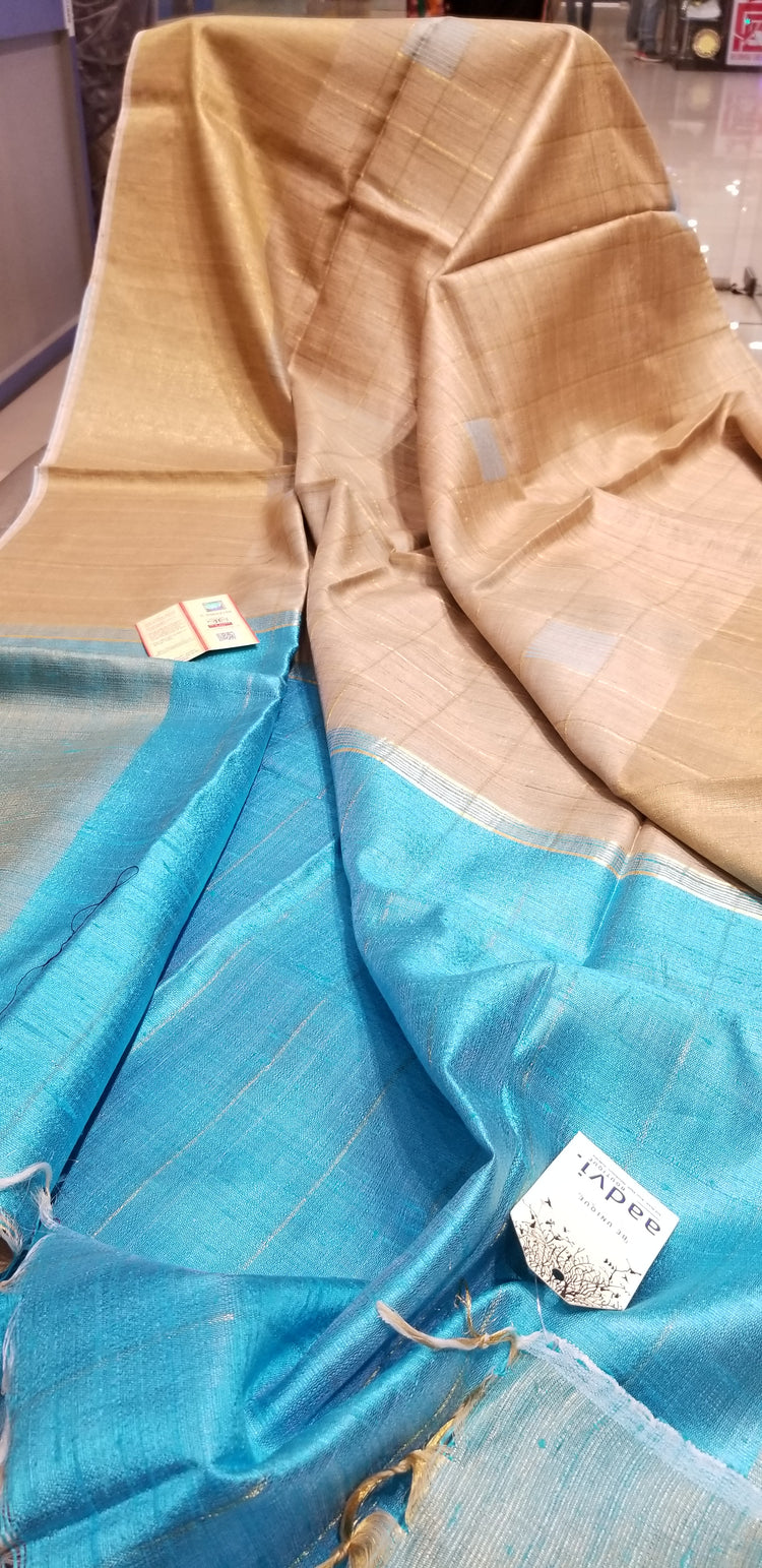 Handwoven Pure Tussar Silk with Base Color and sky blue Pallu