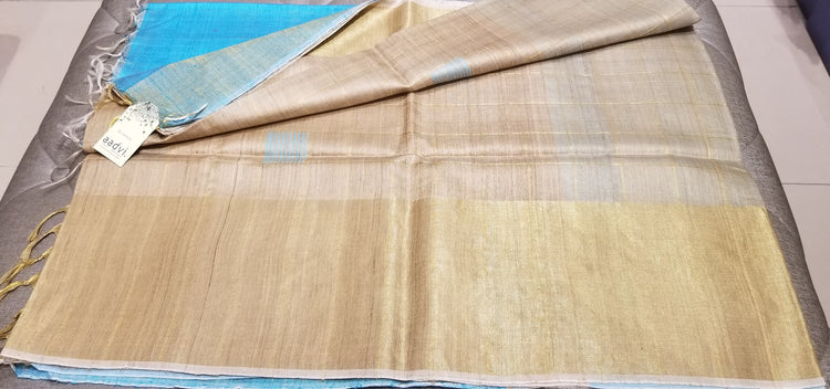 Handwoven Pure Tussar Silk with Base Color and sky blue Pallu