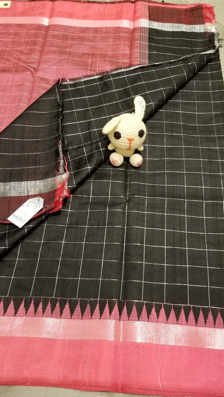 Black Handwoven Pure Raw Silk with Rouge Pink temple border