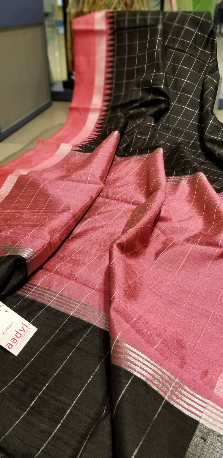 Black Handwoven Pure Raw Silk with Rouge Pink temple border