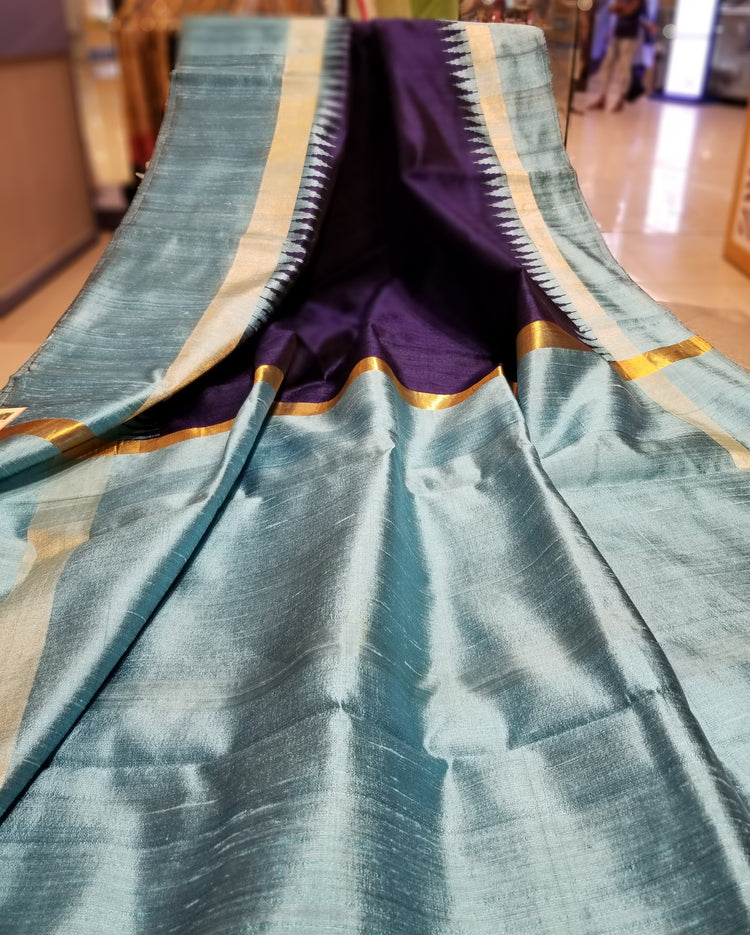 Deep Blue Handwoven Pure Raw Silk with baby blue temple border