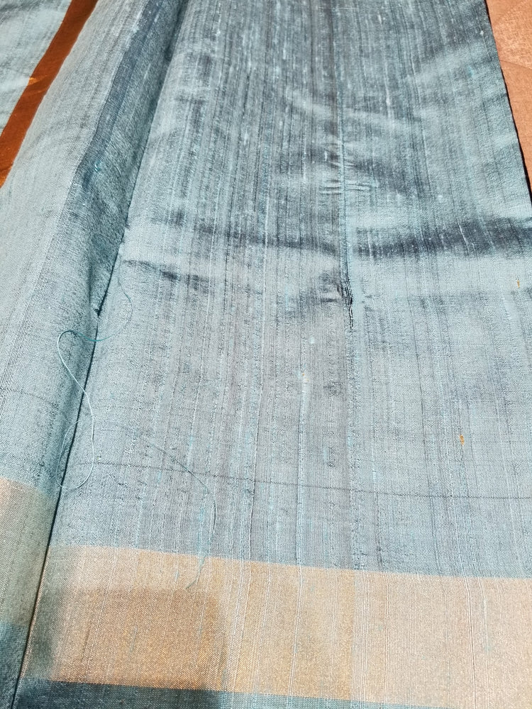 Deep Blue Handwoven Pure Raw Silk with baby blue temple border