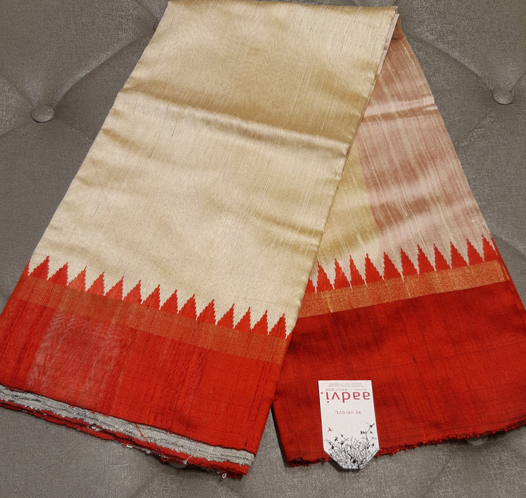 Orangish Red Handwoven Pure Raw Silk with red temple border