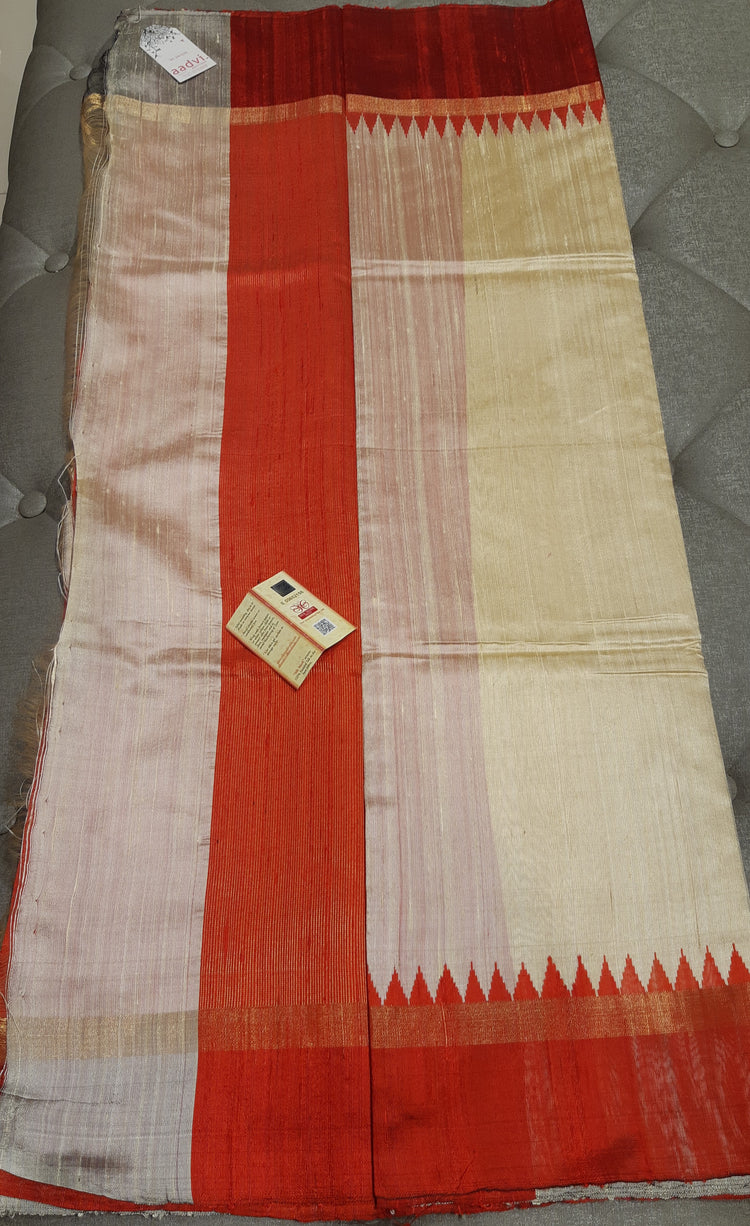 Orangish Red Handwoven Pure Raw Silk with red temple border