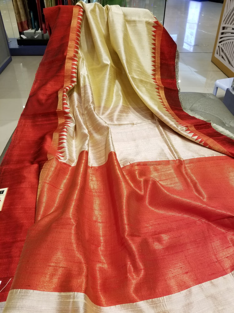 Orangish Red Handwoven Pure Raw Silk with red temple border