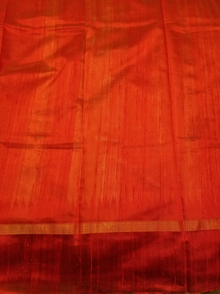 Orangish Red Handwoven Pure Raw Silk with red temple border