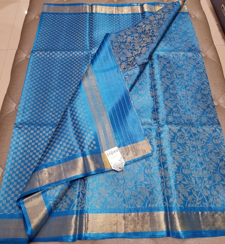 Azure Blue Handwoven Pure Tussar Silk with allover floral zari work
