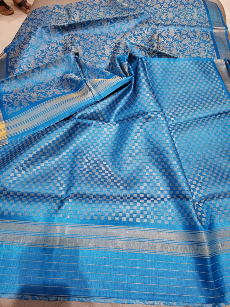 Azure Blue Handwoven Pure Tussar Silk with allover floral zari work