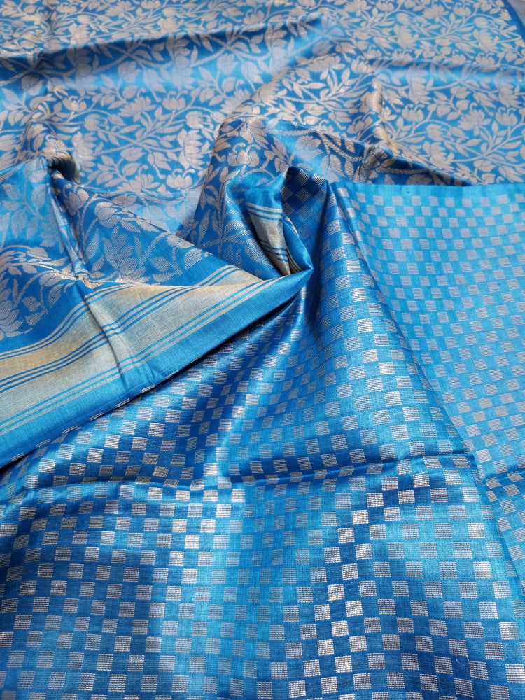 Azure Blue Handwoven Pure Tussar Silk with allover floral zari work