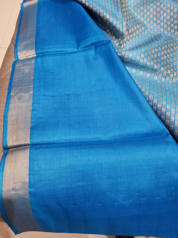 Azure Blue Handwoven Pure Tussar Silk with allover floral zari work