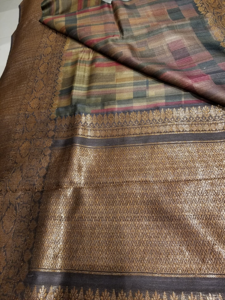 Digital and hand print on Pure Tussar Silk with Banarasi Border
