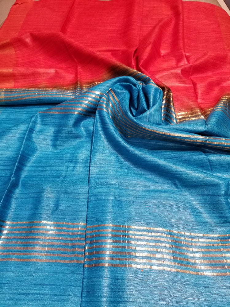 Red Handwoven Ghicha tussar silk with Blue Pallu