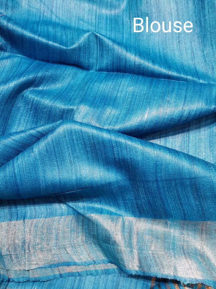 Red Handwoven Ghicha tussar silk with Blue Pallu