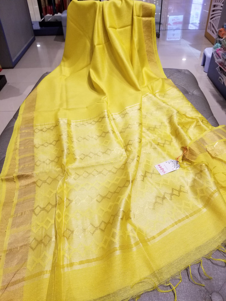 Yellow handwoven Noel Tussar silk  with golden border