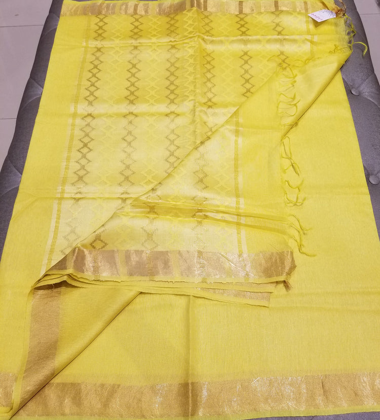 Yellow handwoven Noel Tussar silk  with golden border