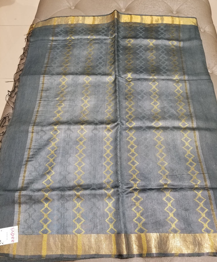 Steel Grey handwoven Noel Tussar silk  with golden border
