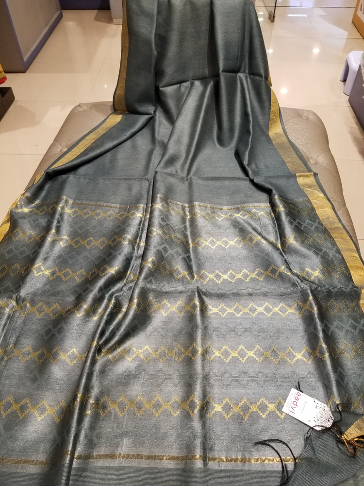 Steel Grey handwoven Noel Tussar silk  with golden border