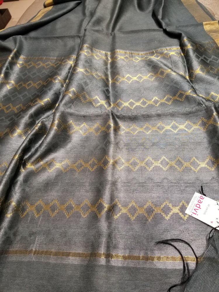 Steel Grey handwoven Noel Tussar silk  with golden border