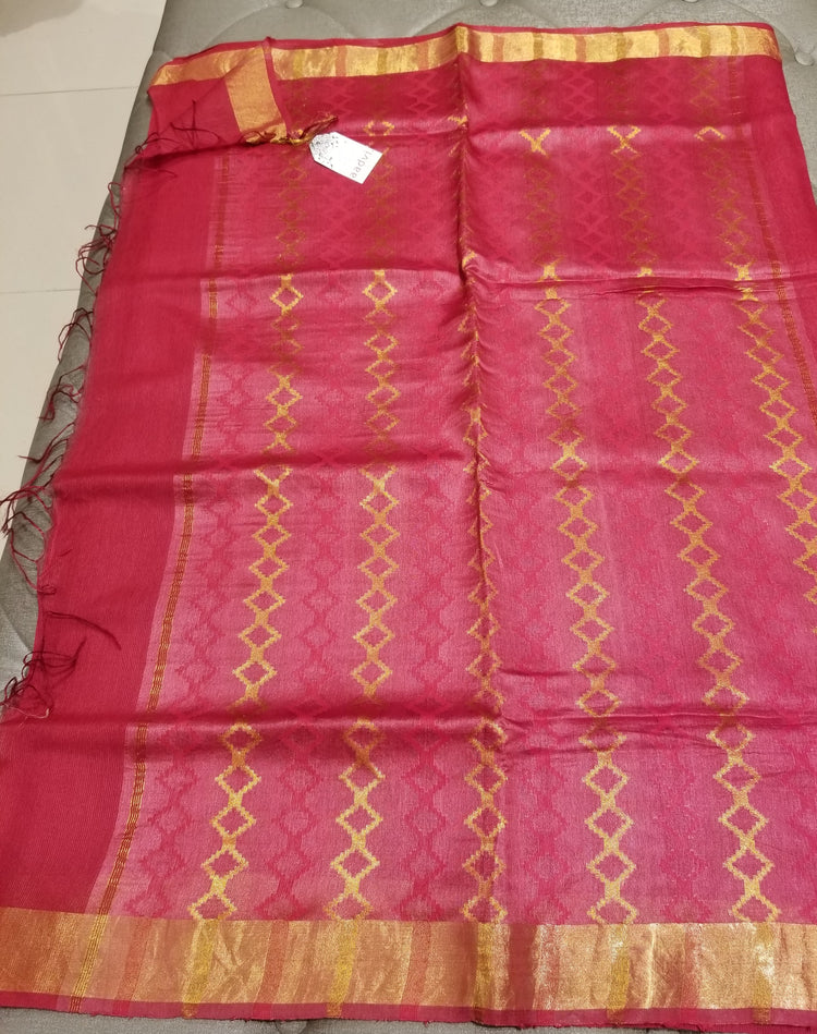 Cherry Red handwoven Noel Tussar silk  with golden border