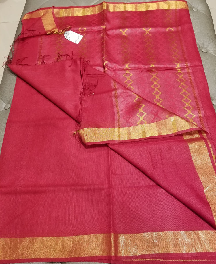 Cherry Red handwoven Noel Tussar silk  with golden border