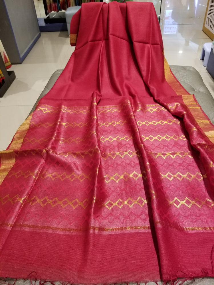 Cherry Red handwoven Noel Tussar silk  with golden border