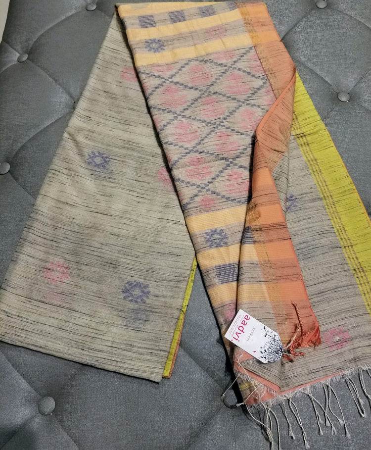 Beige Handwoven Tussar Silk with two shades of border
