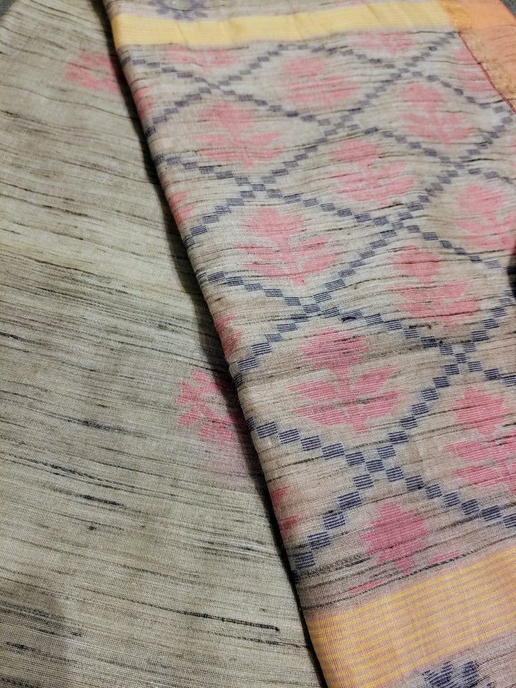 Beige Handwoven Tussar Silk with two shades of border