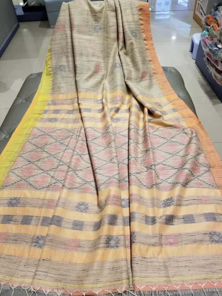 Beige Handwoven Tussar Silk with two shades of border