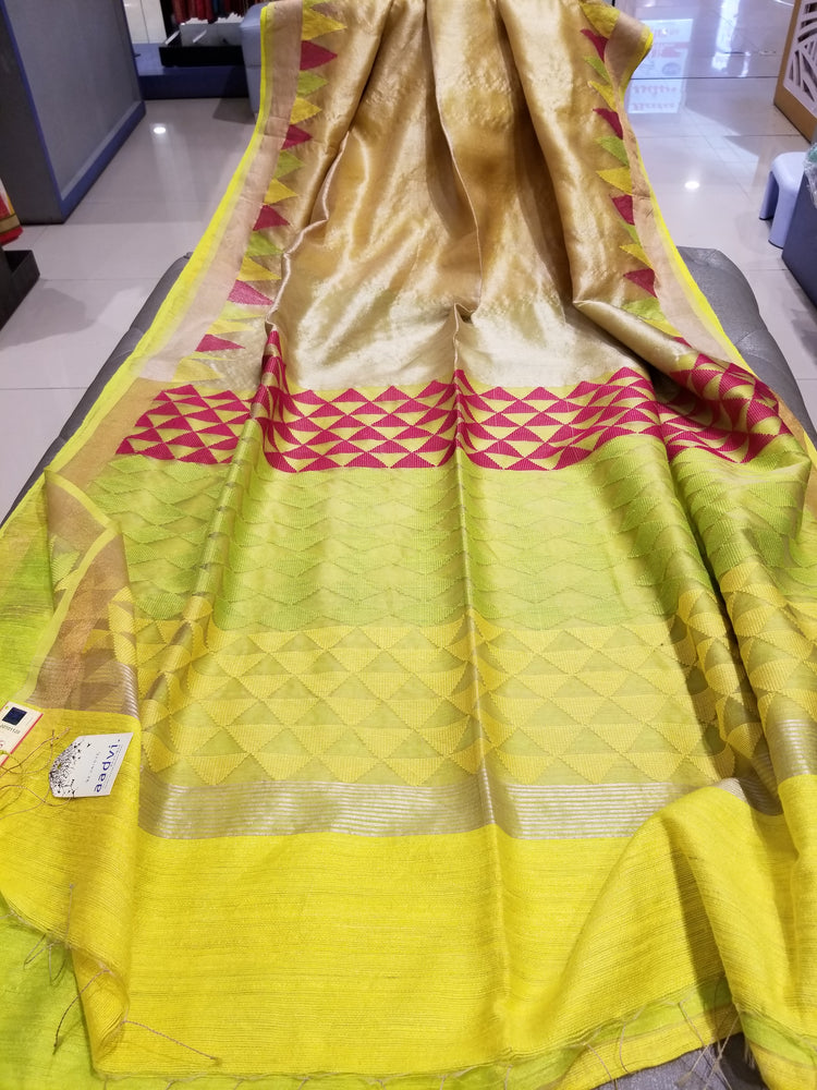 Golden beige handwoven Pure Tussar Silk with triangle pattern pallu